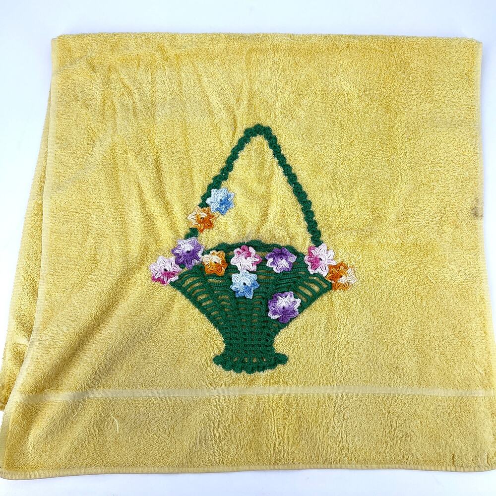 Vintage Martex Yellow Bath Towel Embellished Crochet Floral Basket 21" x 41"